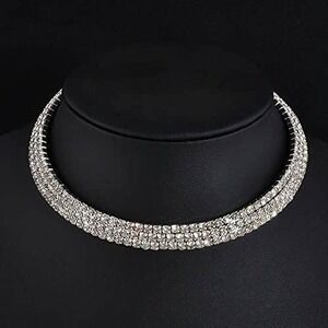 3 Row Rhinestone Silver Tone Crystal Choker Necklace for Women SLIGHTLY BENT